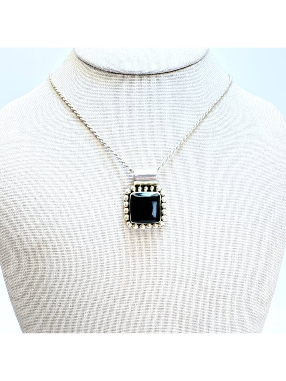 Black Onyx Beaded Border Pendant Necklace Sterling Silver 925 Size 23" Length
